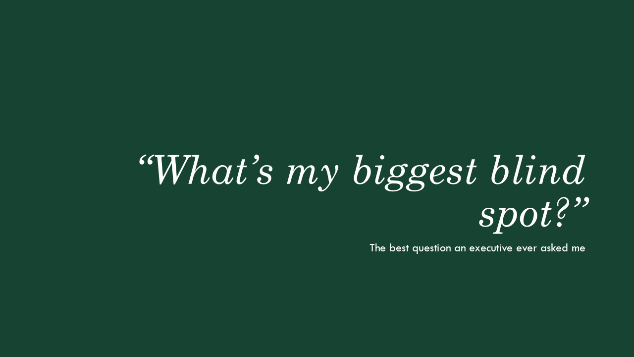 A quote, "What's my biggest blind spot?" subtitled, the best question an executive ever asked me.